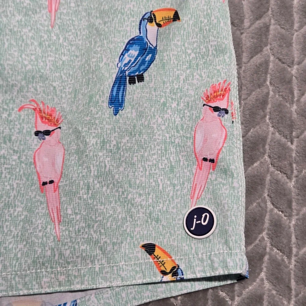 Johnnie-O Mens Tropical Bird Print Swim Trunks Mint Green Toucan Cockatoo Size M